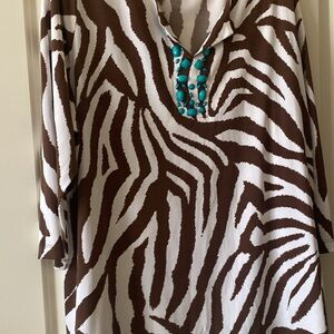 Susan Graver Brown & White Zebra-Print Tunic with Turquoise Bead Detail